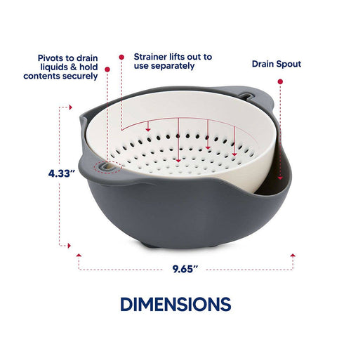 Gray and white colander with dimensions labeled on a white background
