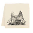 Illustration of a hen with chicks on a beige tea towel on a white background.