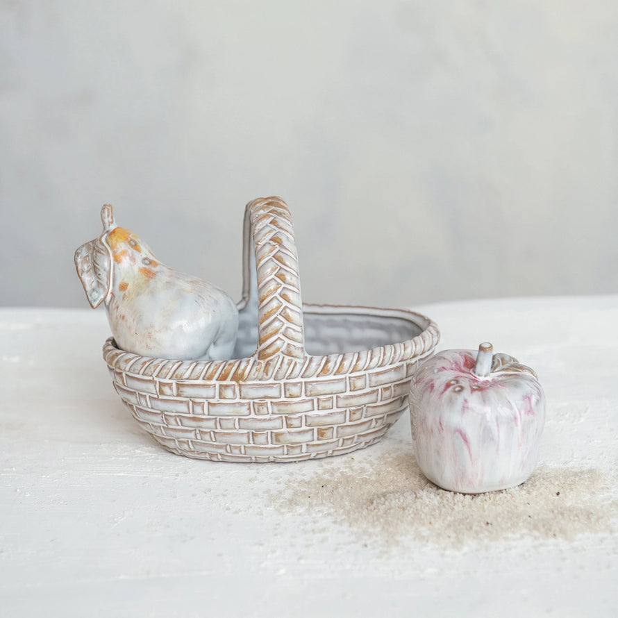 Stoneware Salt & Pepper Shakers w/ Basket, Set of 3 (Each One Will Vary)
