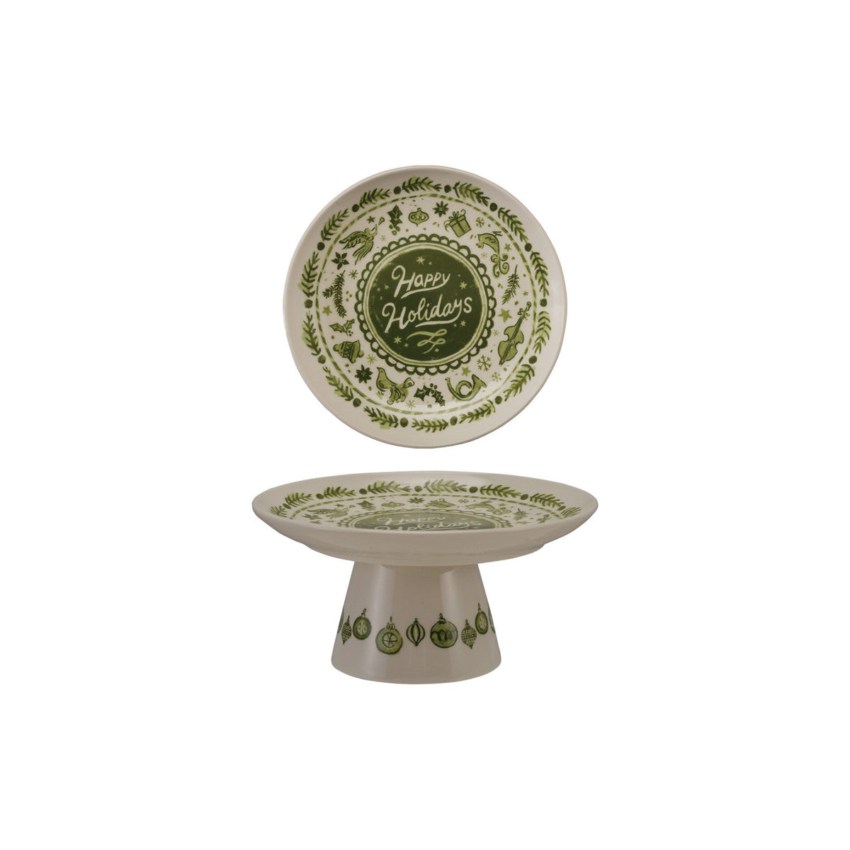 Stoneware Pedestal with Holiday Design "Happy Holidays