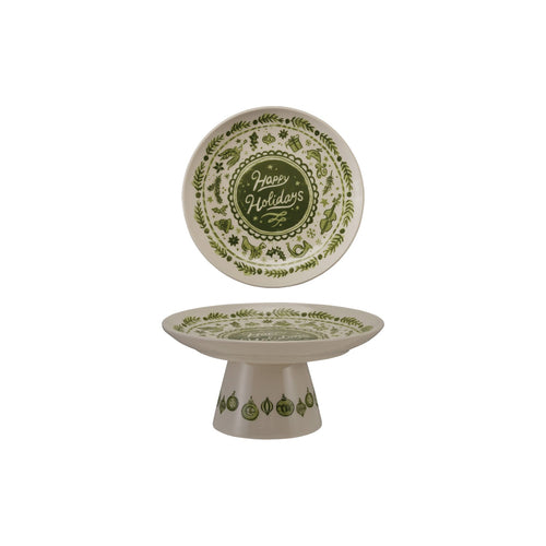 Stoneware Pedestal with Holiday Design "Happy Holidays