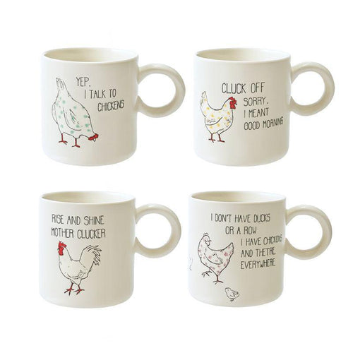 Stoneware Mug with Chicken and Saying, 4 Styles