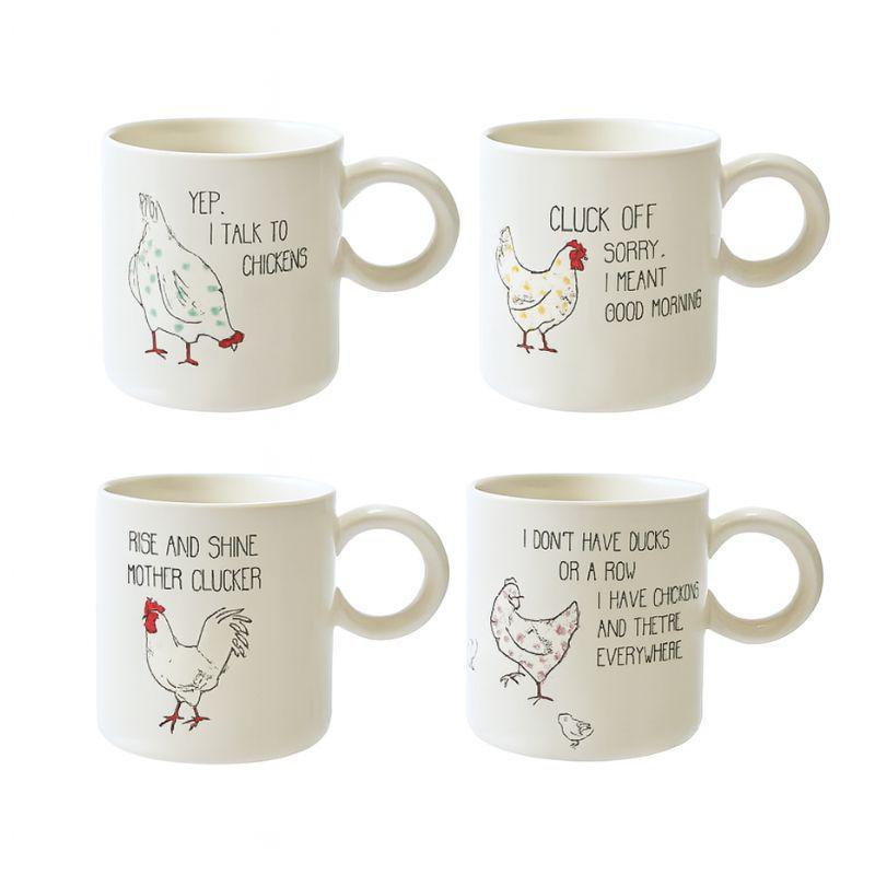 Stoneware Mug with Chicken and Saying, 4 Styles