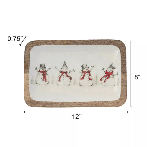 Enameled Mango Wood Tray with Snowman & Birds Image