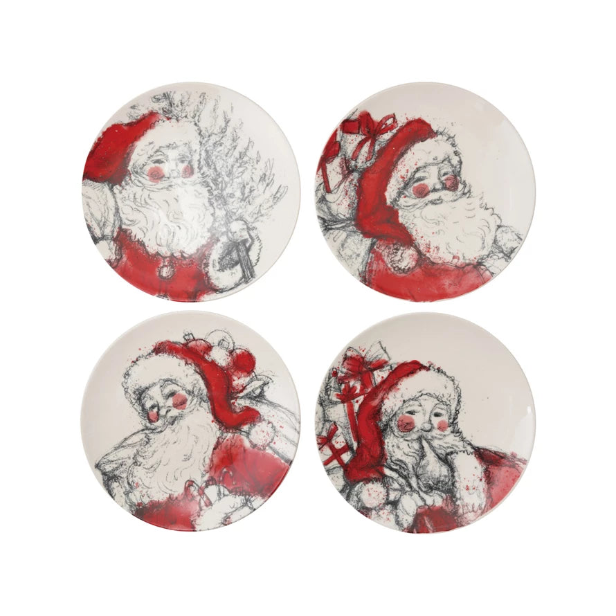 Stoneware Plate with Santa Image, Red, Black & White, 4 Styles