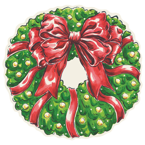 Christmas wreath with a red bow placemat on a white background