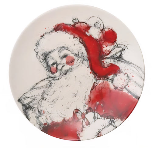 Stoneware Plate with Santa Image, Red, Black & White, - Sold Separately