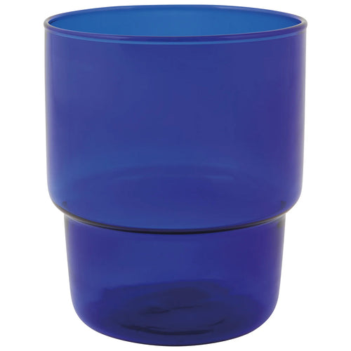A solid blue colored glass water tumbler with a capacity of 13 oz.