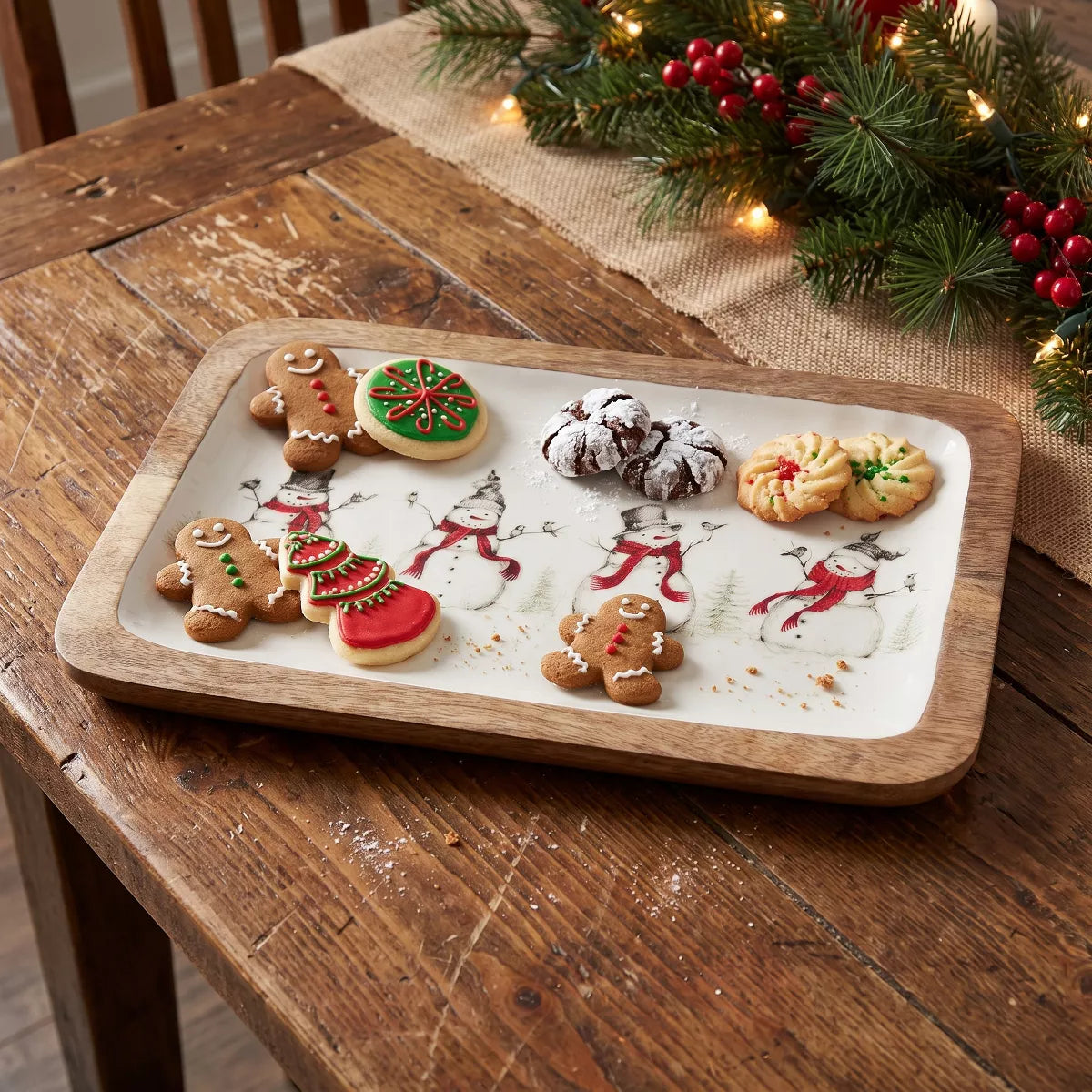 Enameled Mango Wood Tray with Snowman & Birds Image