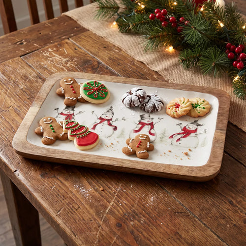 Enameled Mango Wood Tray with Snowman & Birds Image