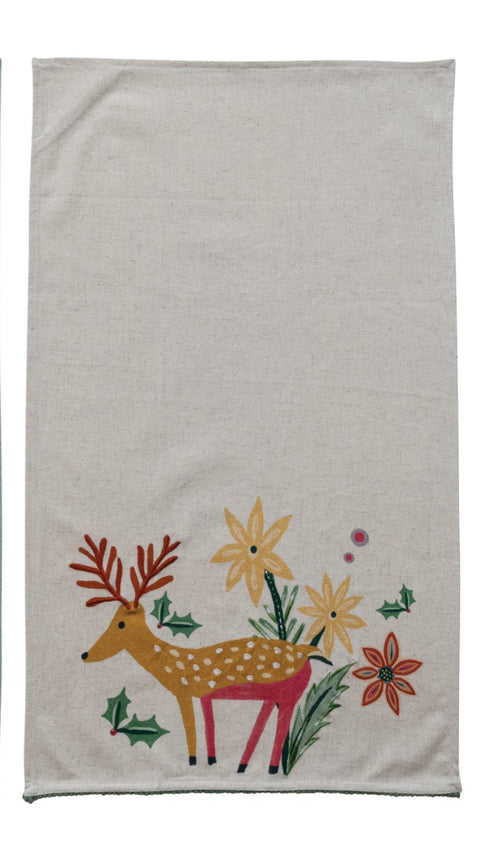 Cotton & Linen Printed Tea Towel with Embroidery & Mini Pom Pom Trim, 2 Styles