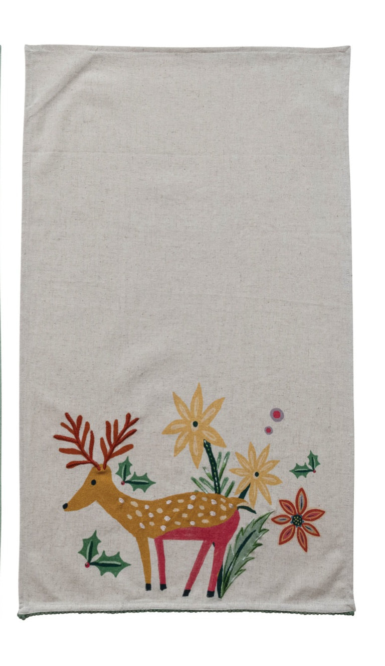 Cotton & Linen Printed Tea Towel with Embroidery & Mini Pom Pom Trim, 2 Styles