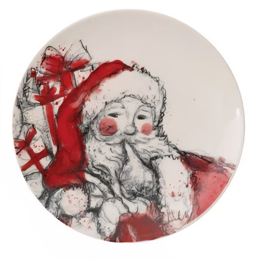 Stoneware Plate with Santa Image, Red, Black & White, - Sold Separately
