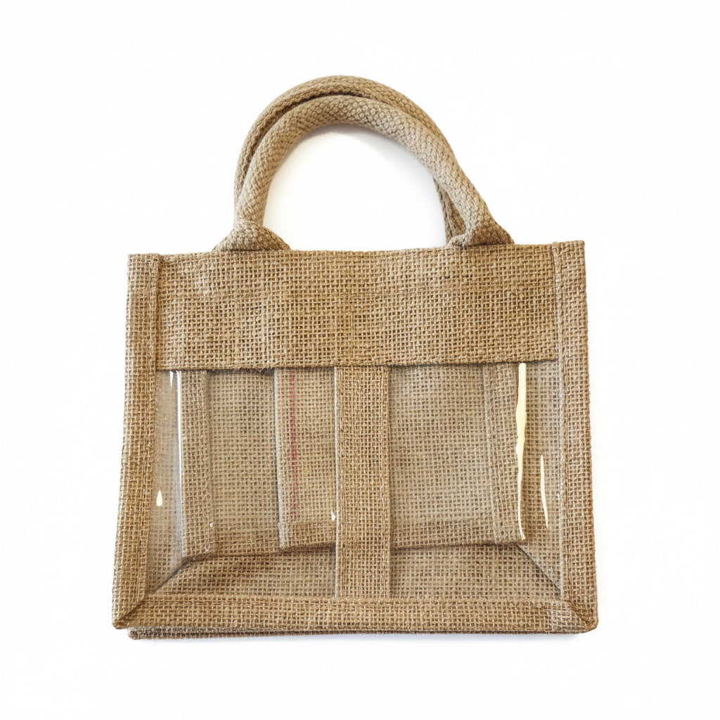 Burlap bag with clear front pocket on a light background