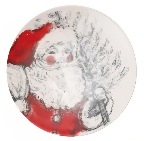 Stoneware Plate with Santa Image, Red, Black & White, - Sold Separately