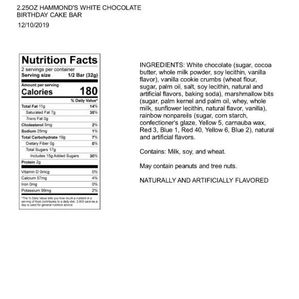 White Chocolate - Birthday Cake Candy Bar- 2.25 oz