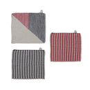 Cotton Knit Dish Cloths with Pattern, Red, White & Grey, Set of 3