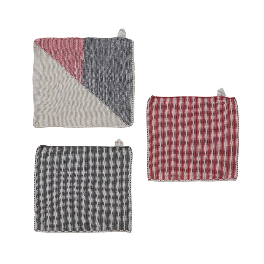 Cotton Knit Dish Cloths with Pattern, Red, White & Grey, Set of 3