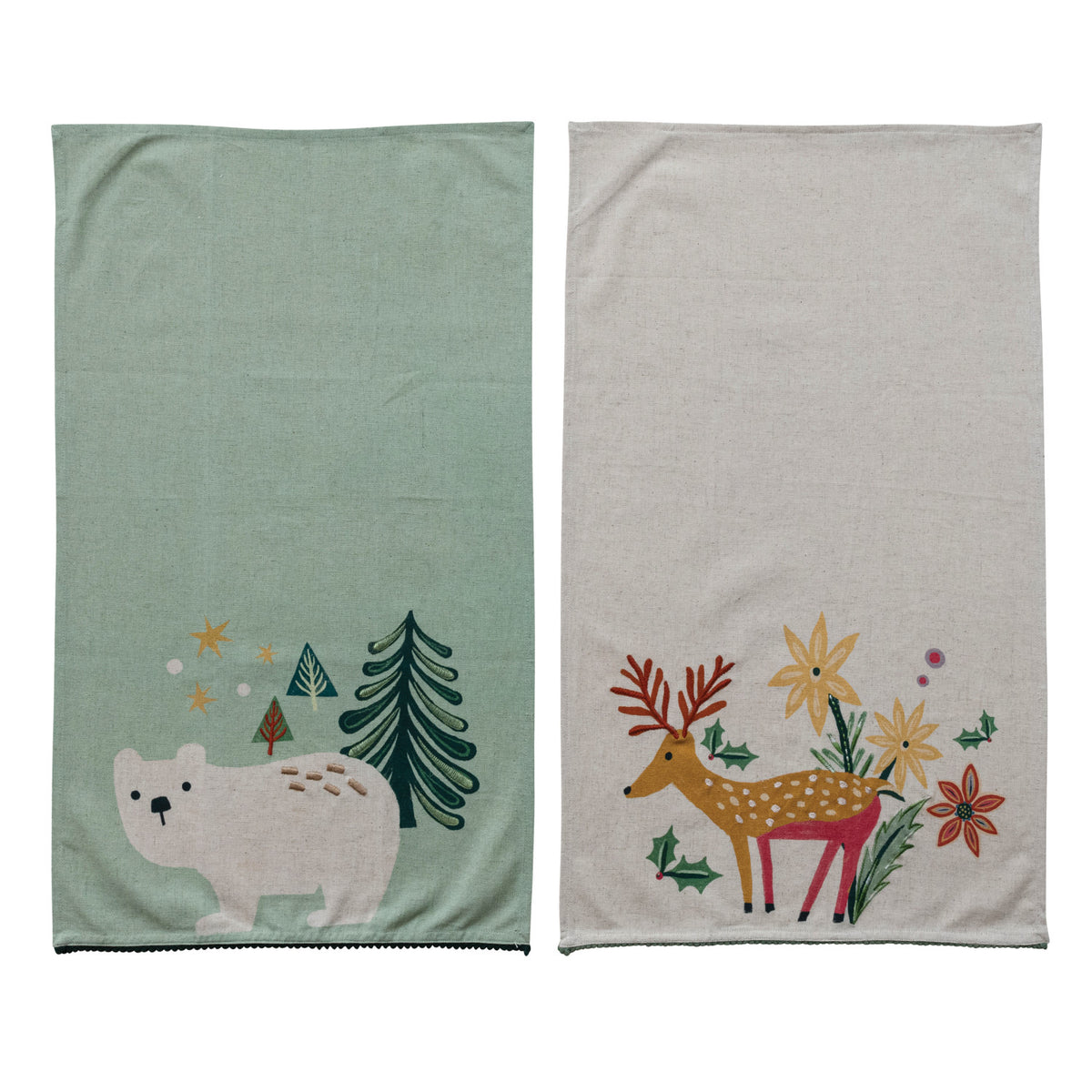 Cotton & Linen Printed Tea Towel with Embroidery & Mini Pom Pom Trim, 2 Styles