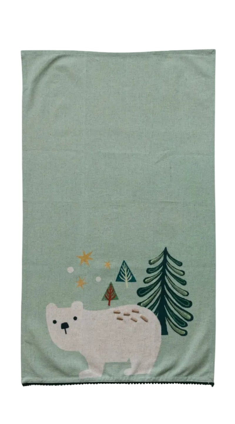 Cotton & Linen Printed Tea Towel with Embroidery & Mini Pom Pom Trim, 2 Styles