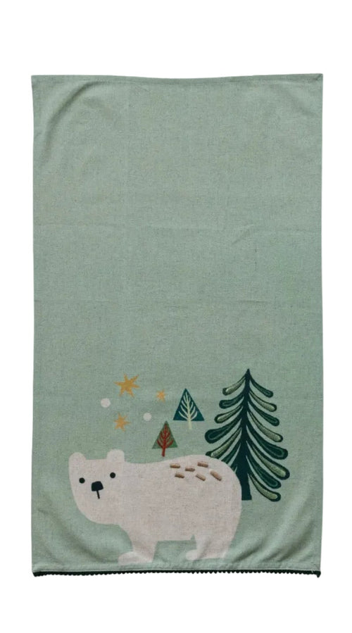 Cotton & Linen Printed Tea Towel with Embroidery & Mini Pom Pom Trim, 2 Styles