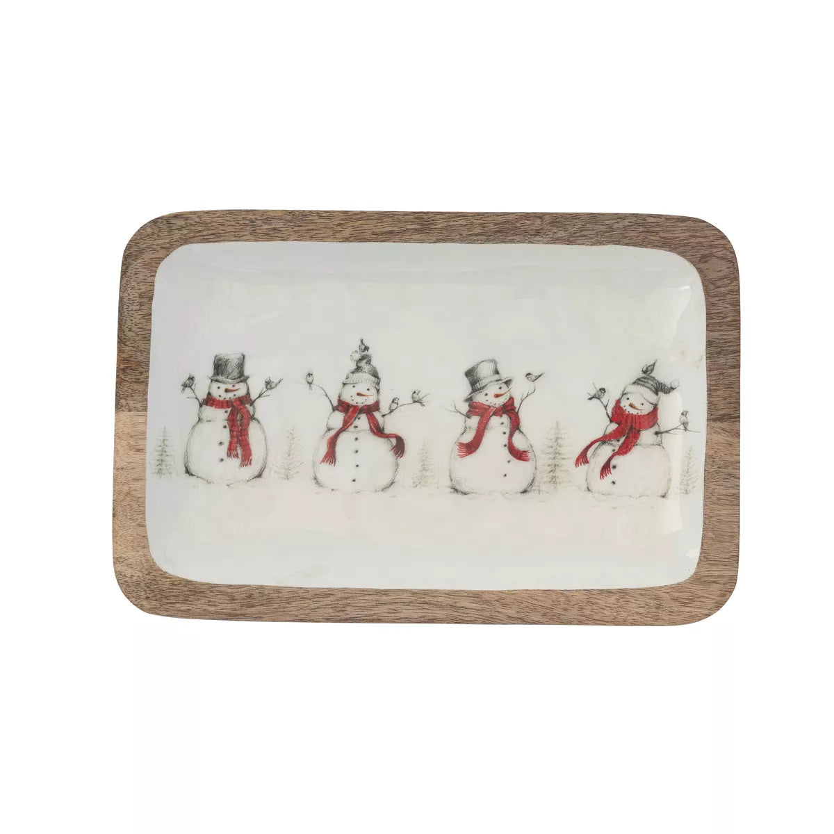 Enameled Mango Wood Tray with Snowman & Birds Image