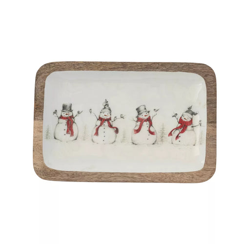 Enameled Mango Wood Tray with Snowman & Birds Image