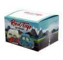 Box packaging for a 'Road Trip' ceramic salt and pepper set with car and trailer design.