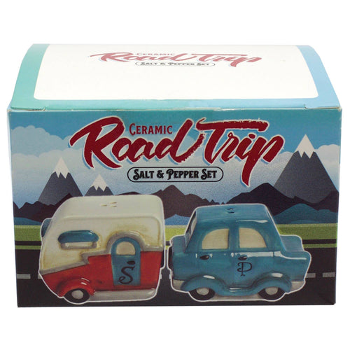 Box of Ceramic Road Trip salt and pepper set with camper and car design.