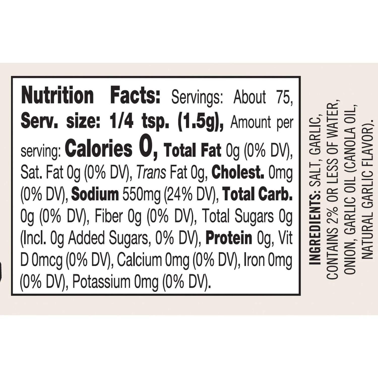 Nutrition facts label for a very small amount of product with minimal ingredients.