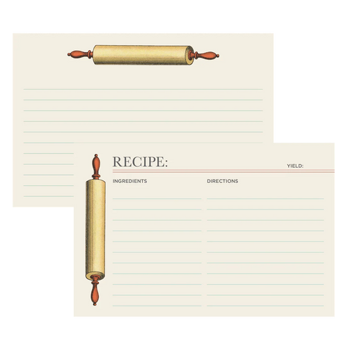 Vintage-style recipe card with lined writing sections and an illustrated wooden rolling pin, shown in two overlapping card designs on a white background.