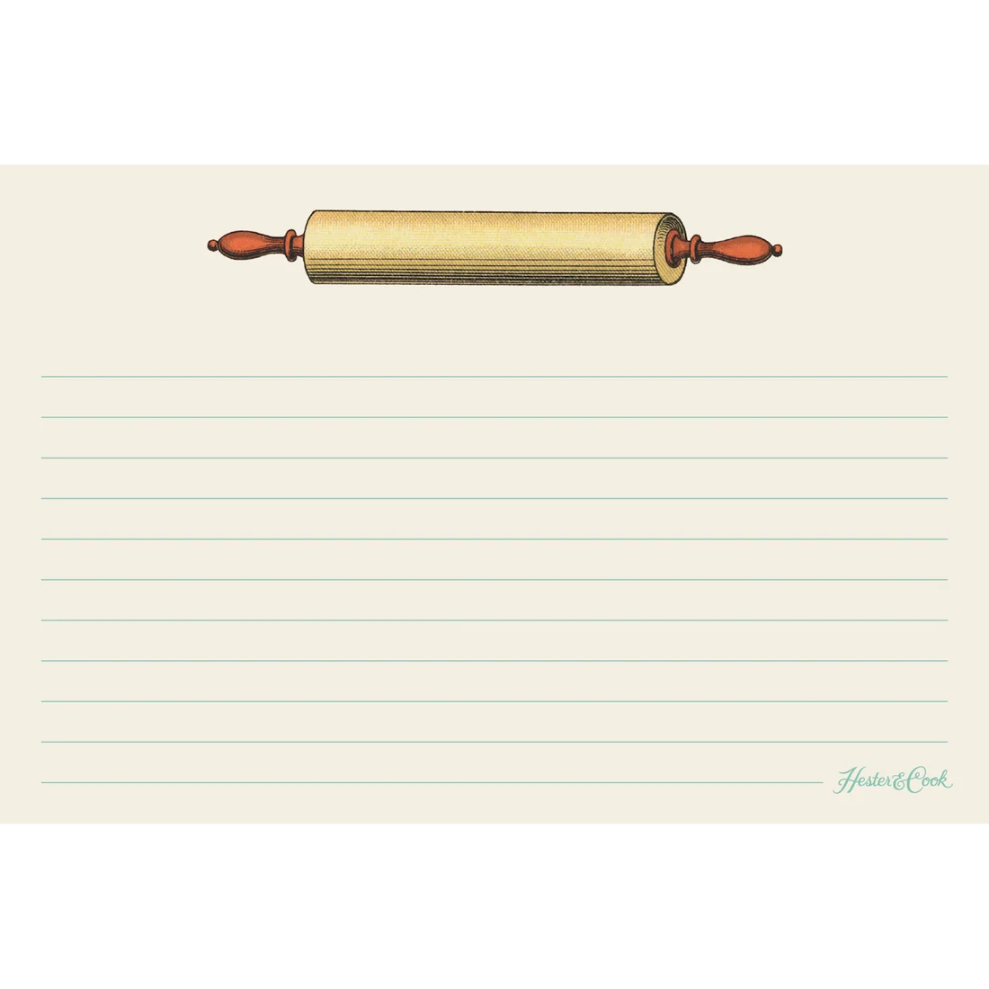 A lined writing note card featuring an illustration of a wooden rolling pin at the top, with a small cursive 'Heidi & Cook' signature in the lower right corner.