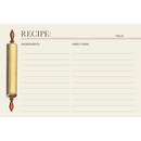 A recipe card with a cream background, featuring a vintage-style illustration of a gold and brown rolling pin on the left. The card includes printed fields for RECIPE, YIELD, INGREDIENTS, and DIRECTIONS with lined writing space.
