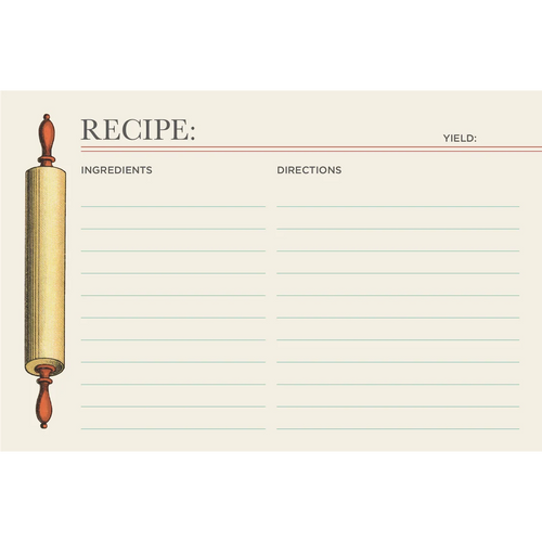 A recipe card with a cream background, featuring a vintage-style illustration of a gold and brown rolling pin on the left. The card includes printed fields for RECIPE, YIELD, INGREDIENTS, and DIRECTIONS with lined writing space.