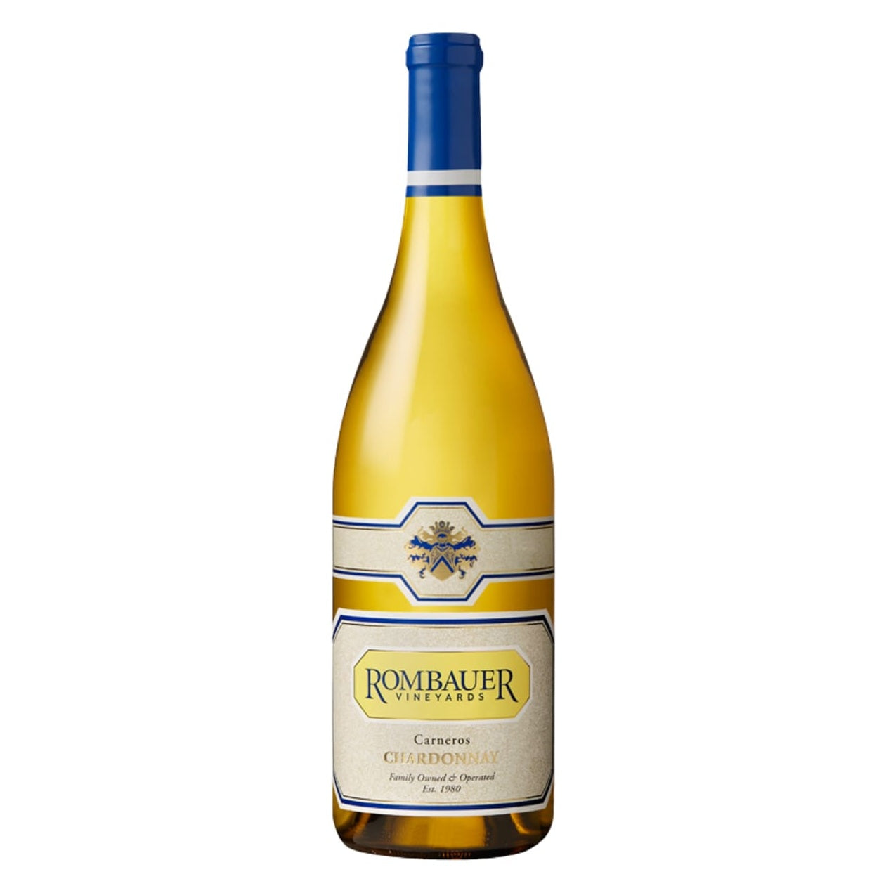 A bottle of Rombauer Vineyards Chardonnay, featuring a pale golden-yellow liquid, a cream and blue label, and a blue foil capsule on a white background.