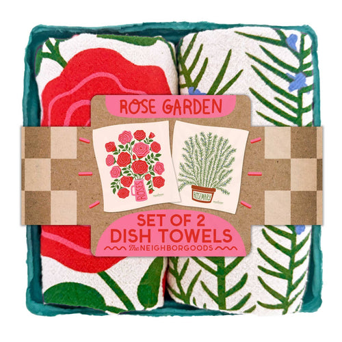 Set of 2 dish towels with rose and leaf patterns in packaging labeled 'Rose Garden' by The Neighborgoods.