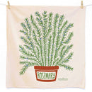 Tea towel with a potted rosemary plant design on a white background