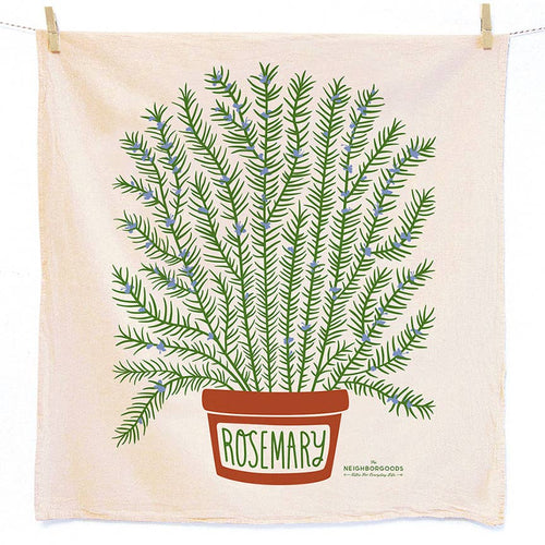 Tea towel with a potted rosemary plant design on a white background