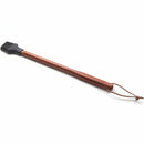 A basting brush with a fine rosewood handle and black silicone bristles, with a removable head and a tie for hanging.