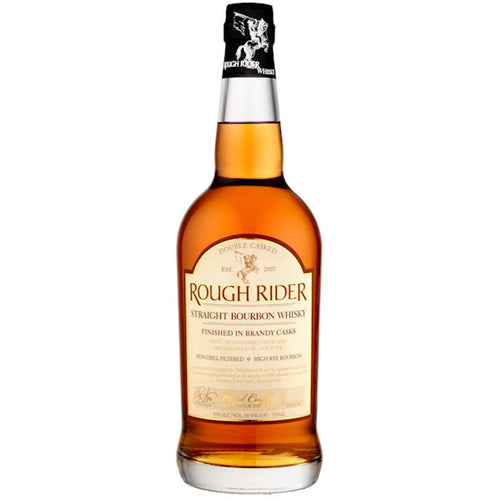 Bottle of Rough Rider Straight Bourbon Whiskey on a white background