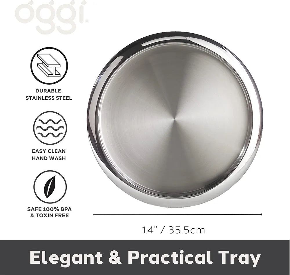 Stainless steel tray with 'oggi' branding, durability, cleaning, and safety features on a white background.