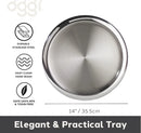 Stainless steel tray with 'oggi' branding, durability, cleaning, and safety features on a white background.