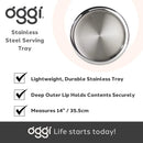 Stainless steel serving tray with Oggi branding and product features on a white background