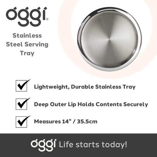 Stainless steel serving tray with Oggi branding and product features on a white background