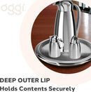 Silver coffee carafe set on a silver tray on a wooden surface with details about the tray in the corner.