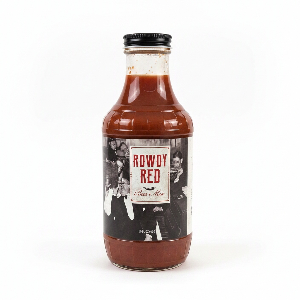 A bottle of Rowdy Red beer mix sauce with a black cap, filled with reddish-brown sauce, and featuring a vintage-style black and white label on a white background.