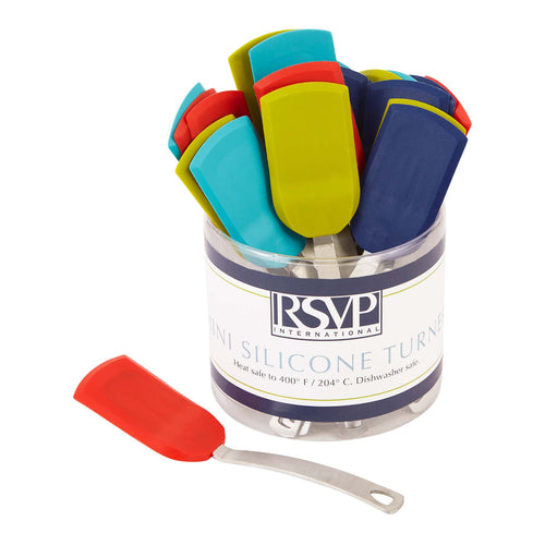 A set of multicolored silicone turners with stainless steel handles, packaged in a clear container with the RSVP International brand visible.