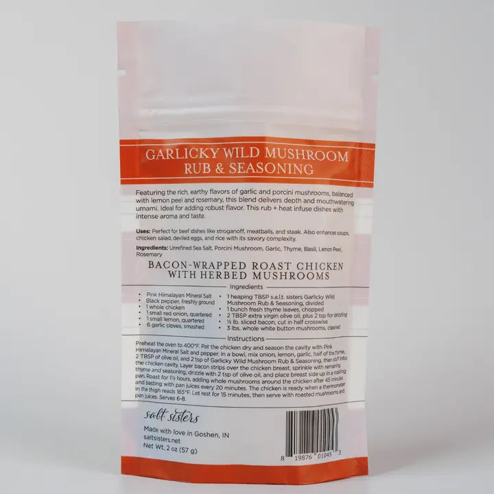 The back packaging of Salt Sisters Garlicky Wild Mushroom Rub & Seasoning Mix, with ingredients, instructions, and information.