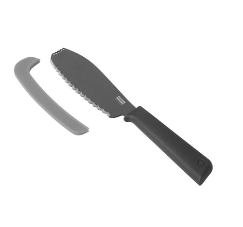 Knife with a black handle and gray blade on a white background