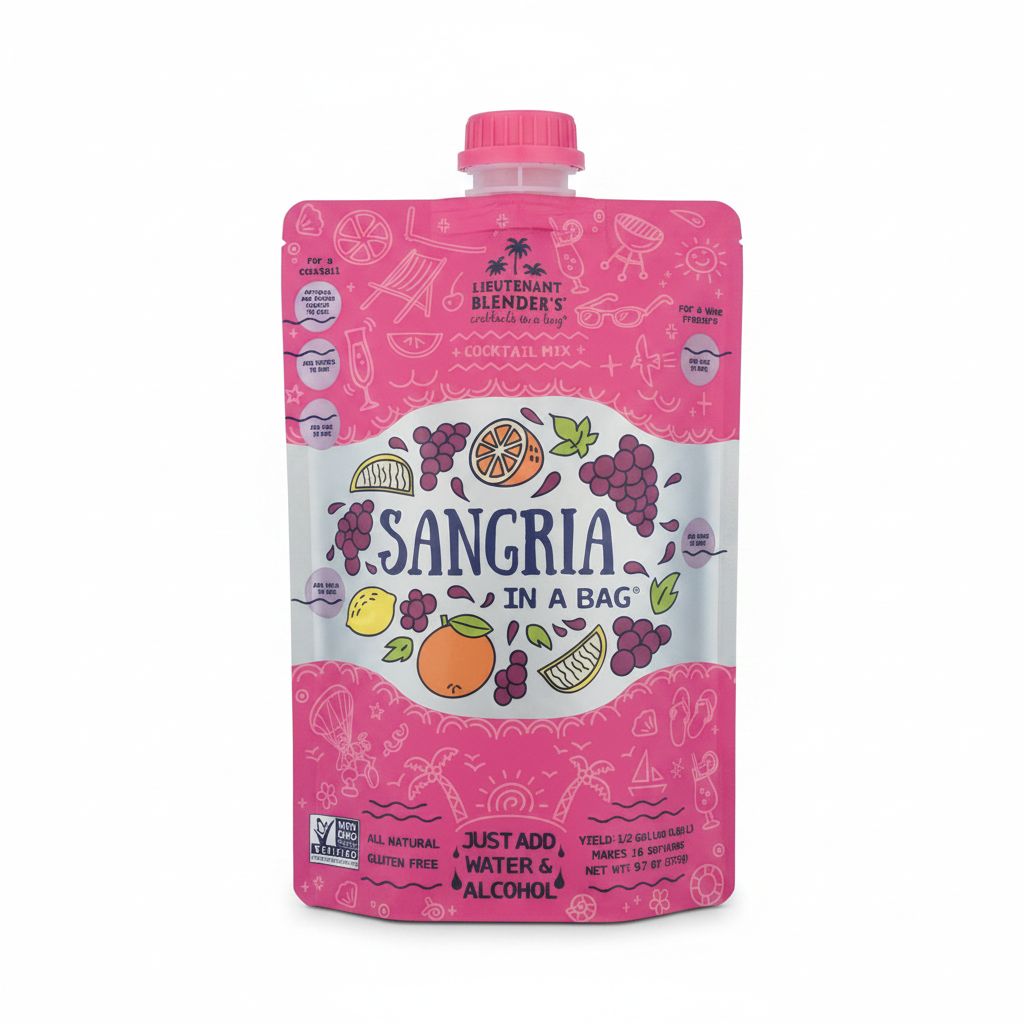 Pink 'Sangria in a Bag' cocktail mix pouch on a white background